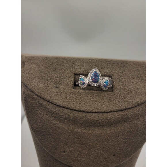 New Bomb Party 3 stone Lab created Blue Fire Opal Rhodium Plating Ring - Picture 4 of 10